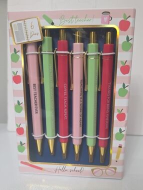 James Burke Best Teacher! Assorted Color Ballpoint Pen Set - 6 Pack, New-in-Pack